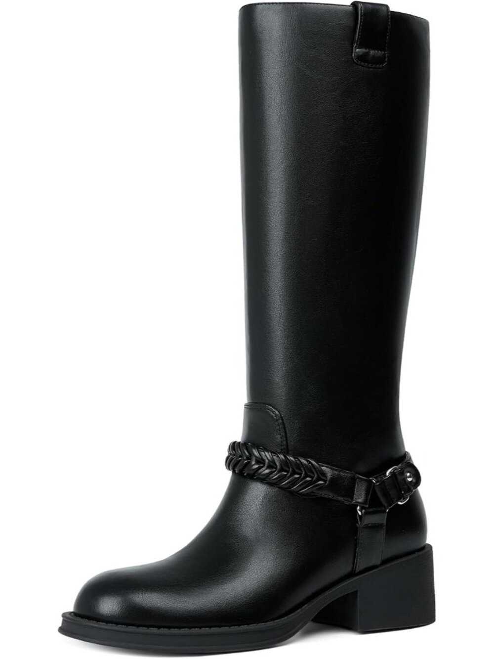 Women's Black Braided Strap Round Toe Pull On Chunky Block Heel Knee High Boots